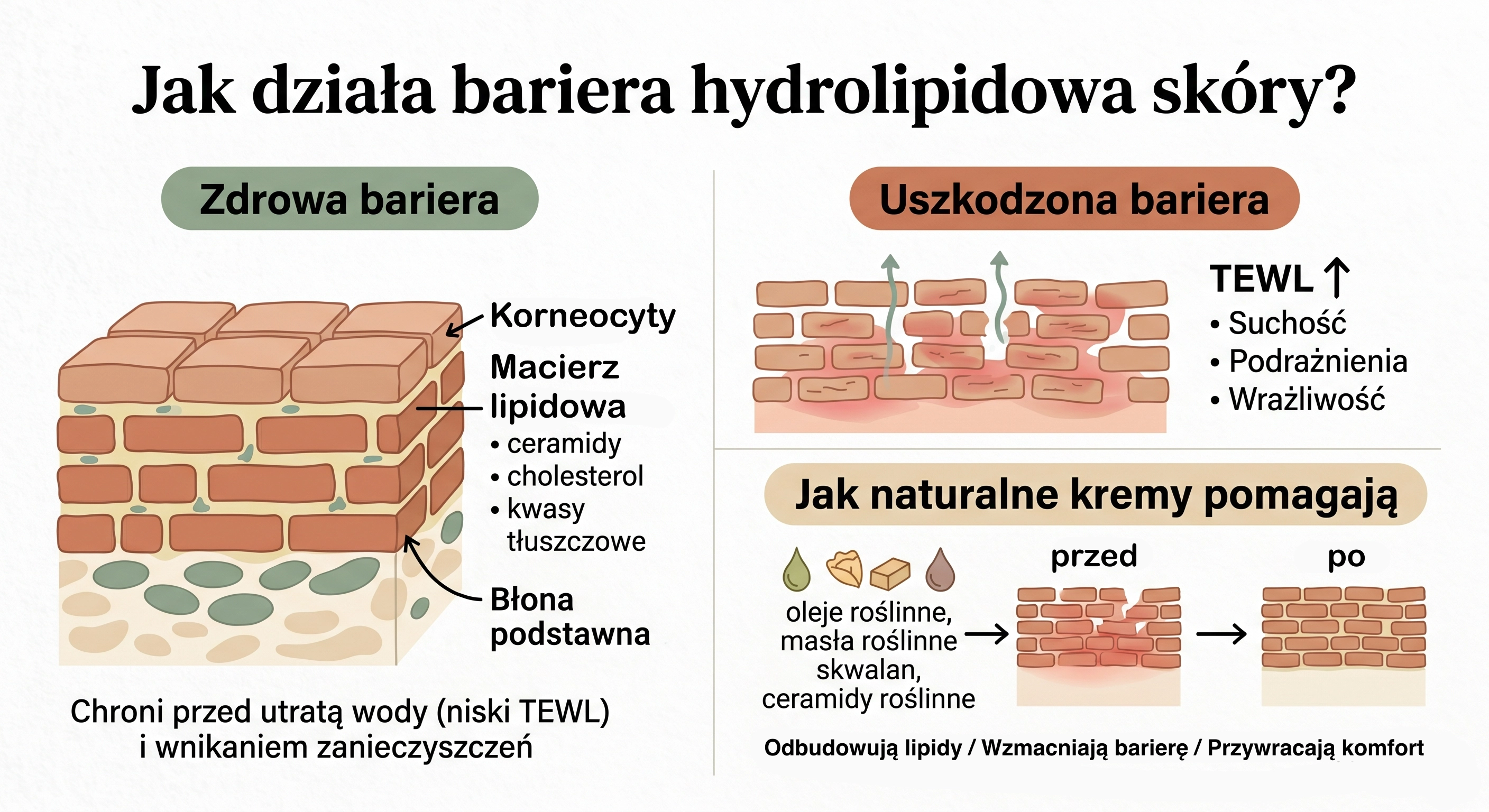 Infografika przedstawiająca mechanizm działania bariery hydrolipidowej skóry – model cegiełek i zaprawy, porównanie zdrowej i uszkodzonej bariery oraz rolę naturalnych kremów w jej odbudowie